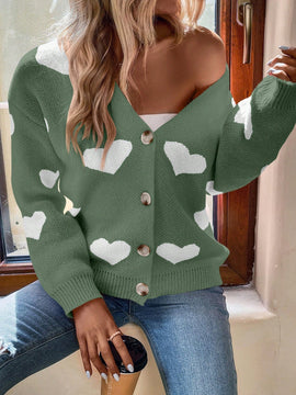 Essnce cardigan informal holgado monobotonadura de manga larga con caida en los hombros y estampado de corazon para mujer, otono/invierno