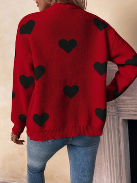 Essnce cardigan informal holgado monobotonadura de manga larga con caida en los hombros y estampado de corazon para mujer, otono/invierno