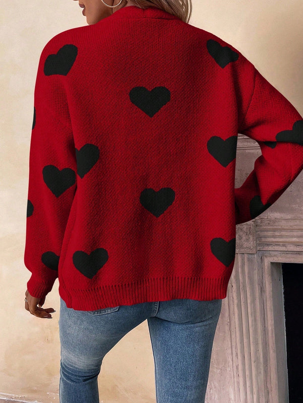 Essnce cardigan informal holgado monobotonadura de manga larga con caida en los hombros y estampado de corazon para mujer, otono/invierno