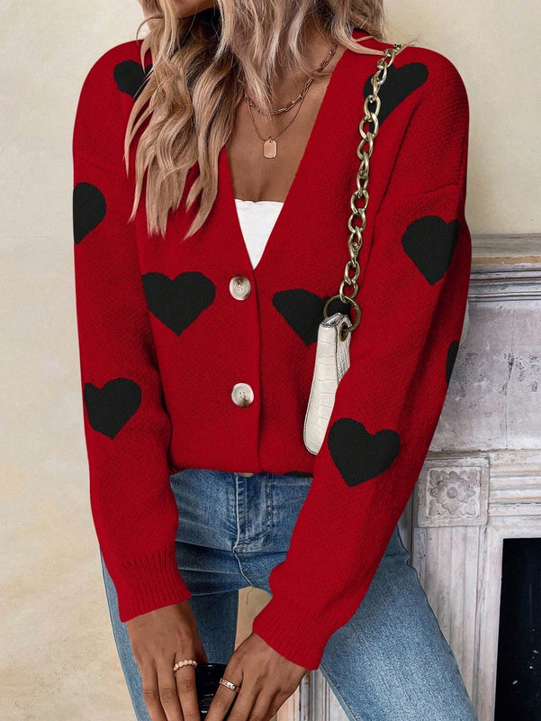 Essnce cardigan informal holgado monobotonadura de manga larga con caida en los hombros y estampado de corazon para mujer, otono/invierno