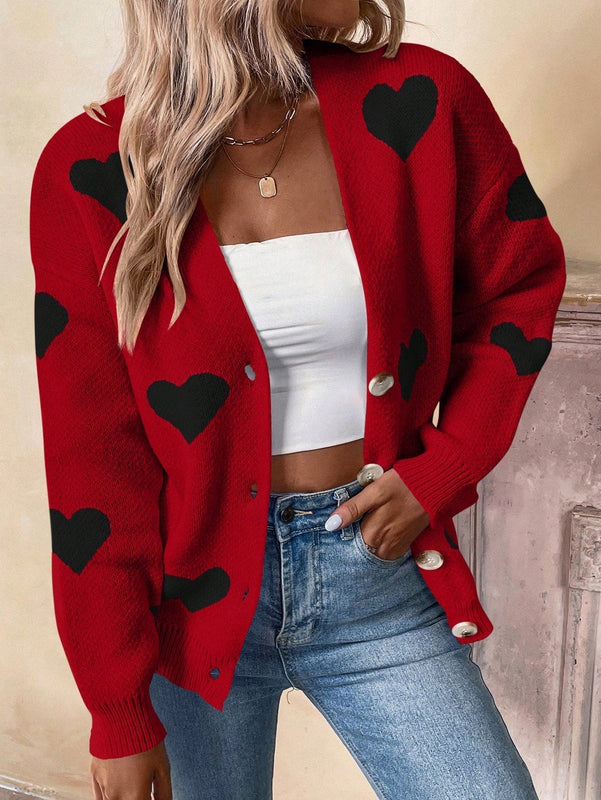 Essnce sueter de cardigan grueso y calido con patron de corazones verdes y blancos para mujer