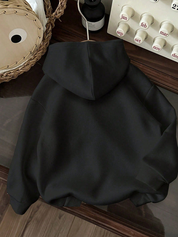 Ezwear sudadera con capucha negra de forro polar grueso con estampado de patron de graffiti de juego colorido informal y amplio, adecuada para otono/invierno
