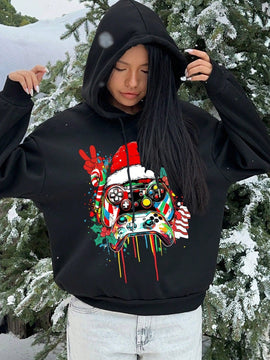 Ezwear sudadera con capucha negra de forro polar grueso con estampado de patron de graffiti de juego colorido informal y amplio, adecuada para otono/invierno