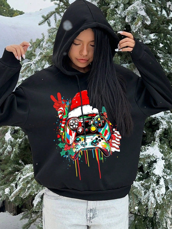 Ezwear sudadera con capucha negra de forro polar grueso con estampado de patron de graffiti de juego colorido informal y amplio, adecuada para otono/invierno