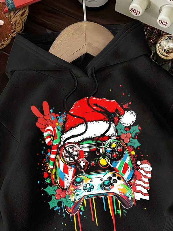 Ezwear sudadera con capucha negra de forro polar grueso con estampado de patron de graffiti de juego colorido informal y amplio, adecuada para otono/invierno
