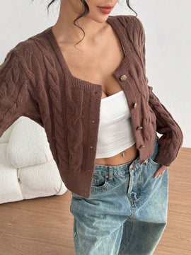 Moosta cardigan ajustado de manga larga con textura, cuello cuadrado decorativo de estilo vintage con botones versatil