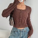 Moosta cardigan ajustado de manga larga con textura, cuello cuadrado decorativo de estilo vintage con botones versatil