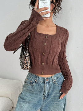 Moosta cardigan ajustado de manga larga con textura, cuello cuadrado decorativo de estilo vintage con botones versatil