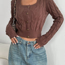 Moosta cardigan ajustado de manga larga con textura, cuello cuadrado decorativo de estilo vintage con botones versatil