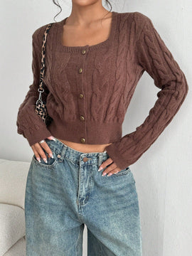 Moosta cardigan ajustado de manga larga con textura, cuello cuadrado decorativo de estilo vintage con botones versatil