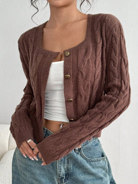 Moosta cardigan ajustado de manga larga con textura, cuello cuadrado decorativo de estilo vintage con botones versatil