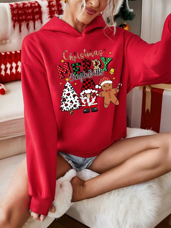 Ezwear sudadera con capucha roja de ajuste holgado y talla grande gruesa de felpa, con estampado minimalista casual de hombre de jengibre y arbol de navidad "feliz navidad", adecuada para atuendo navideno de otono/invierno