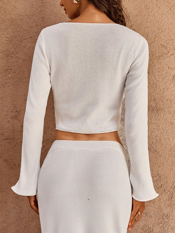 Opulessa blusa casual de manga larga de color liso, estilo minimalista para uso diario