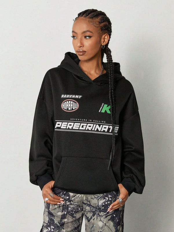 Coolane sudadera casual con capucha negra minimalista con estampado de letras para mujer