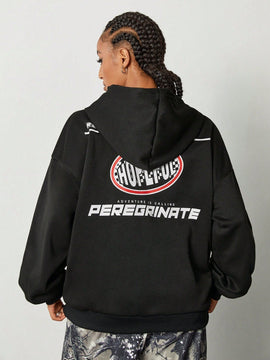 Coolane sudadera casual con capucha negra minimalista con estampado de letras para mujer