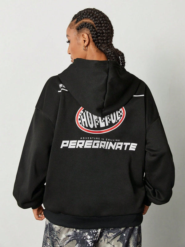 Coolane sudadera casual con capucha negra minimalista con estampado de letras para mujer