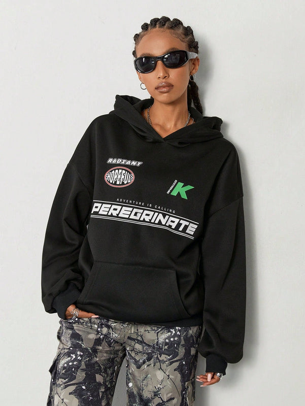 Coolane sudadera casual con capucha negra minimalista con estampado de letras para mujer