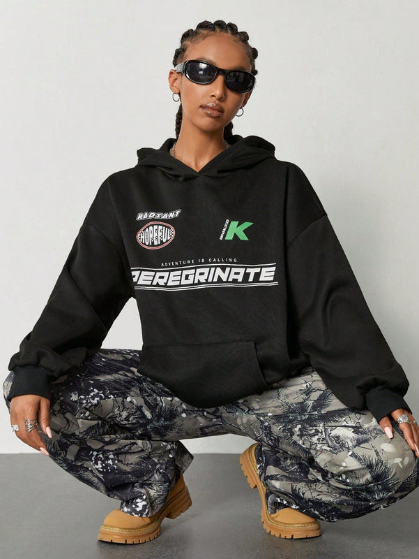 Coolane sudadera casual con capucha negra minimalista con estampado de letras para mujer