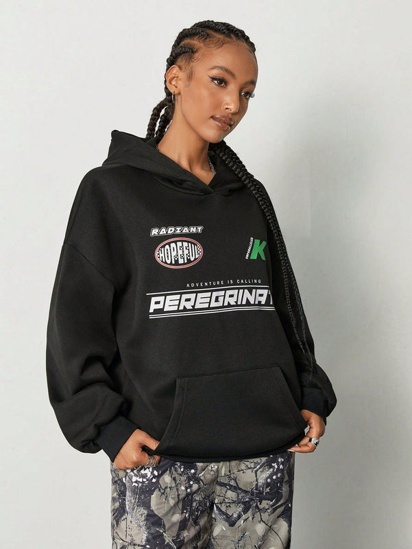 Coolane sudadera casual con capucha negra minimalista con estampado de letras para mujer