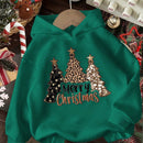 Ezwear jersey holgado de manga larga con estampado de arbol de navidad y texto "feliz navidad" en estilo minimalista y vintage con estampado de leopardo, para mujer