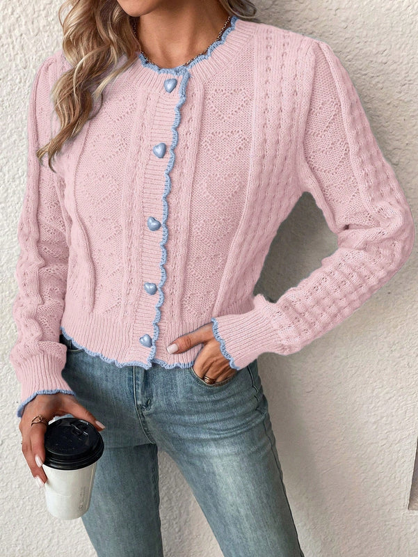 Franclia cardigan casual de mujer con borde de concha de color contrastante, para otono