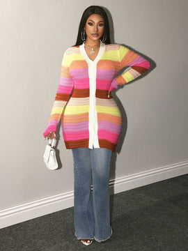 Bamgleam cardigan con rayas de colores, de cuello en v, informal y elegante para uso diario
