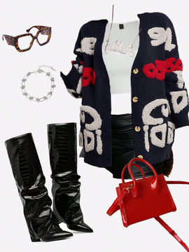 Slayr nuevo diseno de cardigan de punto con bloque de color y estampado de letra para mujer, adecuado para navidad, ano nuevo, san valentin, uso diario, calle