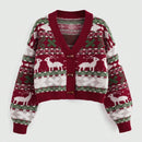 Romwe cardigan calido con diseno jacquard de renos rojos y arboles de navidad para mujer, para otono/invierno