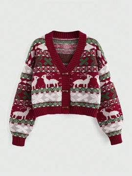 Romwe cardigan calido con diseno jacquard de renos rojos y arboles de navidad para mujer, para otono/invierno