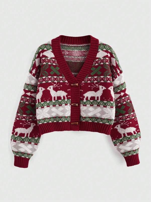 Romwe cardigan calido con diseno jacquard de renos rojos y arboles de navidad para mujer, para otono/invierno