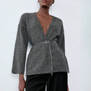 Luminelle chaqueta cardigan envolvente de gasa con estampado floral gris y blanco, suelta y acogedora para otono/invierno