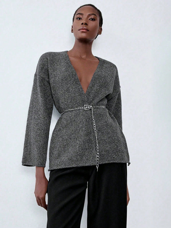 Luminelle chaqueta cardigan envolvente de gasa con estampado floral gris y blanco, suelta y acogedora para otono/invierno
