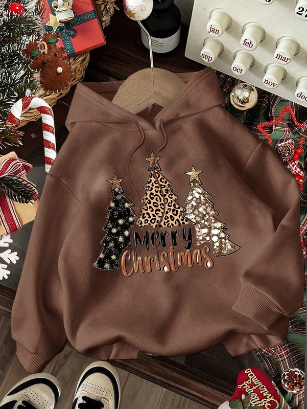 Ezwear sudadera holgada informal con capucha y estampado de arbol de navidad simple, adecuada para otono/invierno para mujeres
