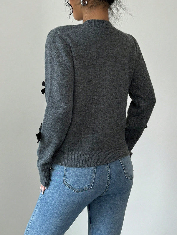 Essnce cardigan de cuello redondo a la moda con punos de lazo de punto