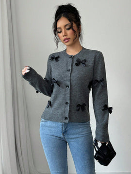 Essnce cardigan de cuello redondo a la moda con punos de lazo de punto