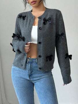 Essnce cardigan de cuello redondo a la moda con punos de lazo de punto