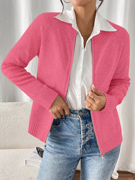 Essnce cardigan casual de mangas raglan con cierre delantero de cremallera, de unicolor, para otono/invierno