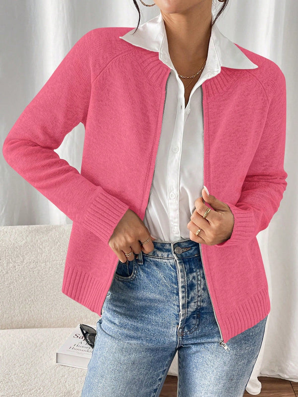 Essnce cardigan casual de mangas raglan con cierre delantero de cremallera, de unicolor, para otono/invierno