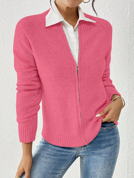 Essnce cardigan casual de mangas raglan con cierre delantero de cremallera, de unicolor, para otono/invierno