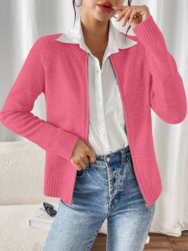 Essnce cardigan casual de mangas raglan con cierre delantero de cremallera, de unicolor, para otono/invierno