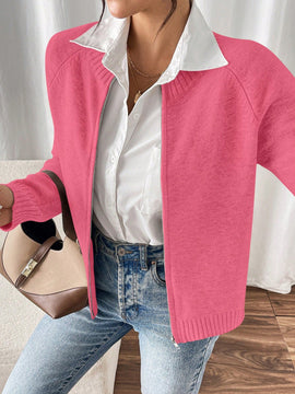 Essnce cardigan casual de mangas raglan con cierre delantero de cremallera, de unicolor, para otono/invierno
