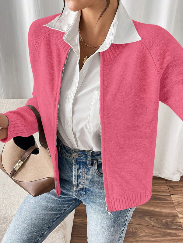Essnce cardigan casual de mangas raglan con cierre delantero de cremallera, de unicolor, para otono/invierno