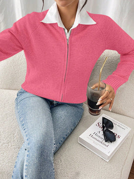 Essnce cardigan casual de mangas raglan con cierre delantero de cremallera, de unicolor, para otono/invierno