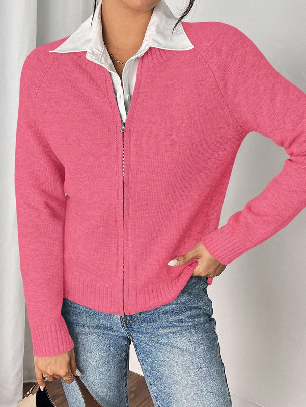 Essnce cardigan casual de mangas raglan con cierre delantero de cremallera, de unicolor, para otono/invierno