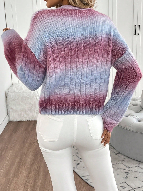 Relaxiva cardigan de punto con botones delanteros, manga larga, de color ombre, hecho de un hilado jaspeado y tejido de nervio