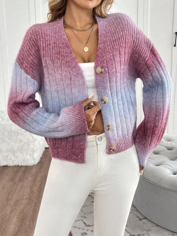 Relaxiva cardigan de punto con botones delanteros, manga larga, de color ombre, hecho de un hilado jaspeado y tejido de nervio