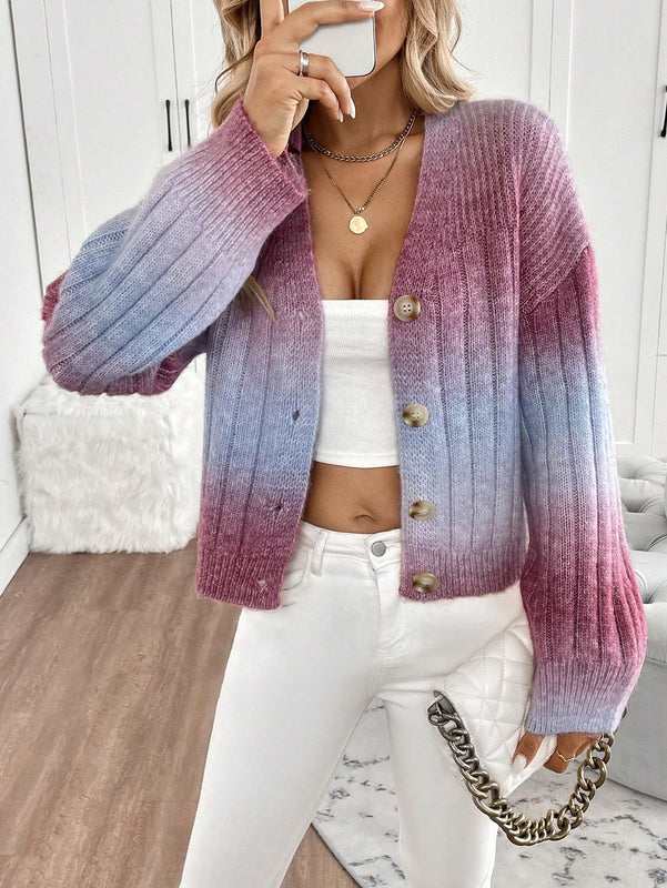 Relaxiva cardigan de punto con botones delanteros, manga larga, de color ombre, hecho de un hilado jaspeado y tejido de nervio