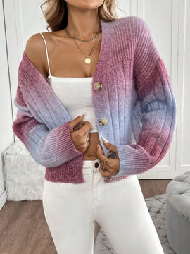Relaxiva cardigan de punto con botones delanteros, manga larga, de color ombre, hecho de un hilado jaspeado y tejido de nervio