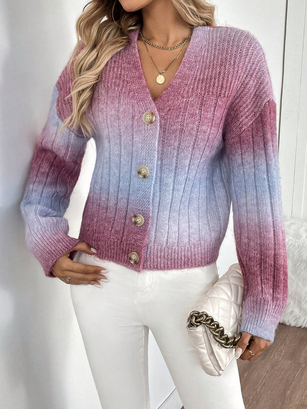 Relaxiva cardigan de punto con botones delanteros, manga larga, de color ombre, hecho de un hilado jaspeado y tejido de nervio