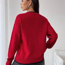 Essnce cardigan de punto con cuello redondo rojo, con adorno de lazo de encaje negro para mujer